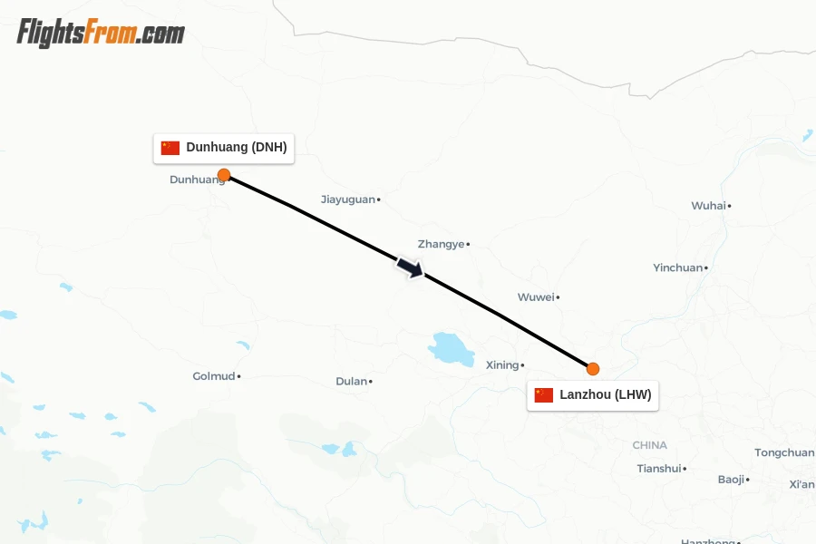 Flights from Dunhuang to Lanzhou route map