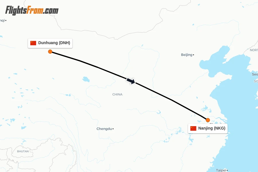 Flights from Dunhuang to Nanjing route map