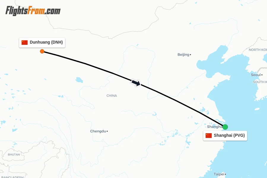 Flights from Dunhuang to Shanghai route map