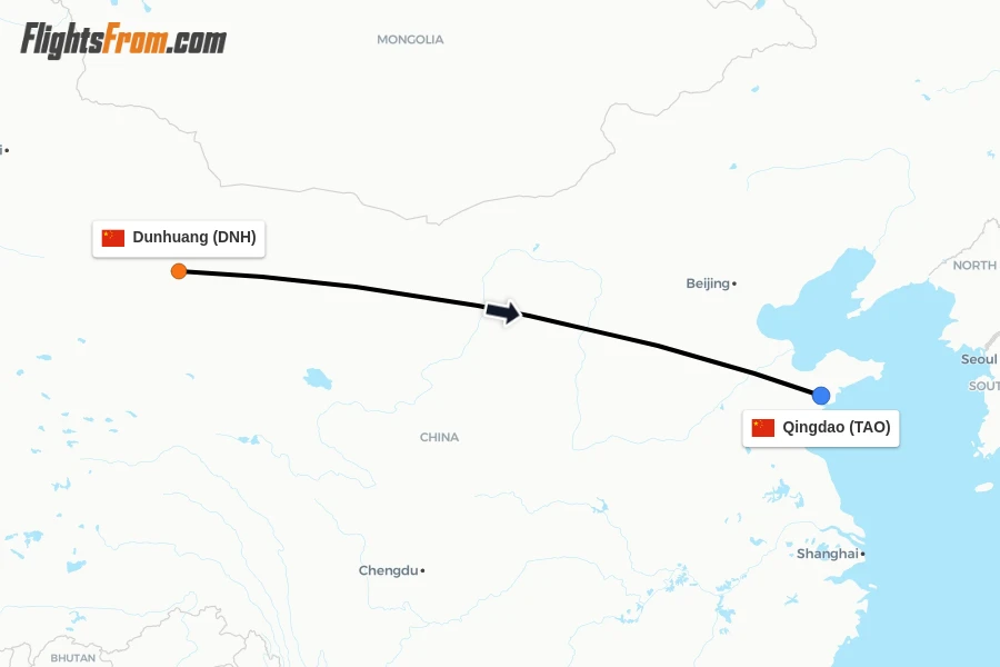Flights from Dunhuang to Qingdao route map