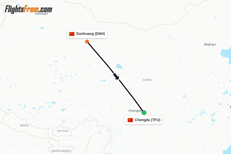 Flights from Dunhuang to Chengdu route map