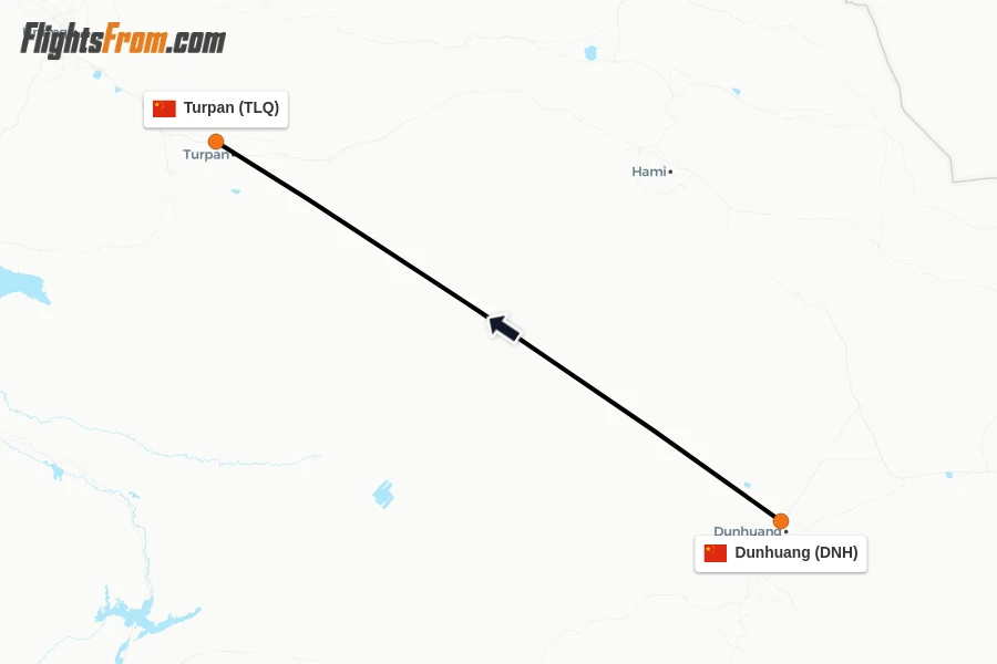 Flights from Dunhuang to Turpan route map