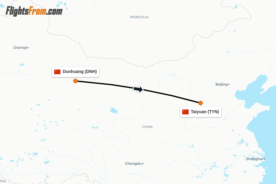 Flights from Dunhuang to Taiyuan route map