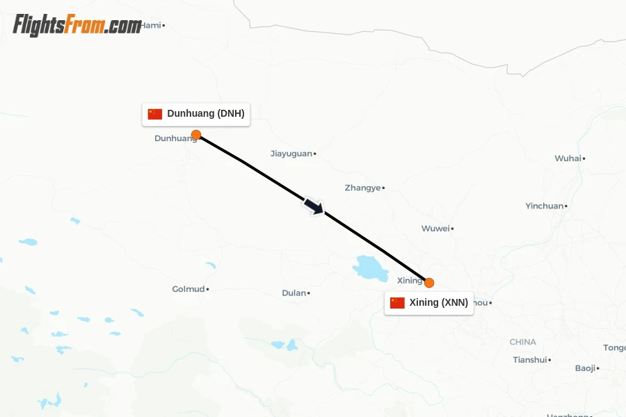 Flights from Dunhuang to Xining route map