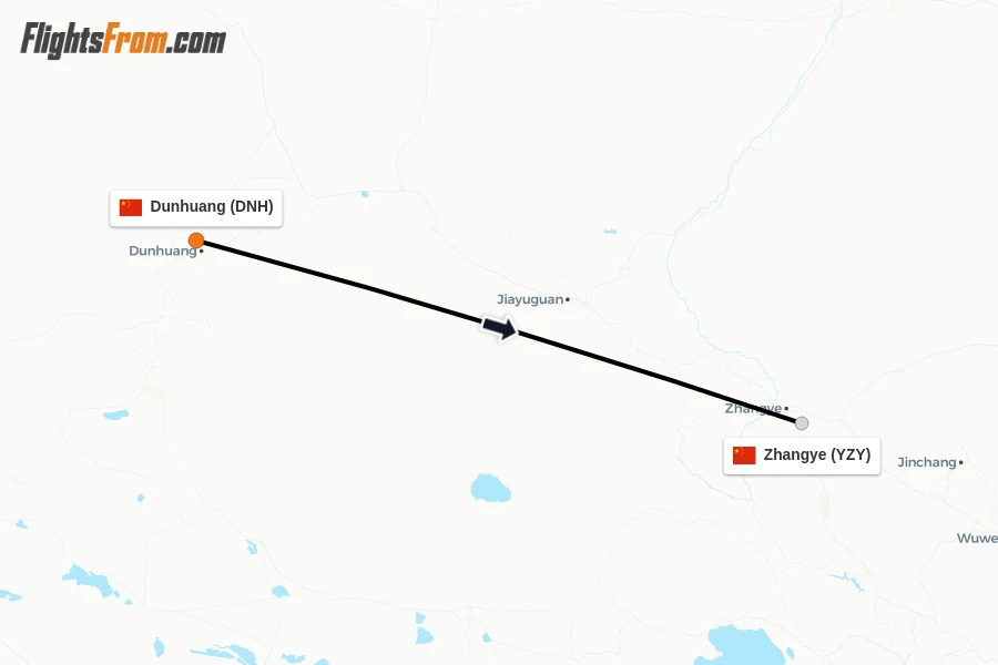 Flights from Dunhuang to Zhangye route map