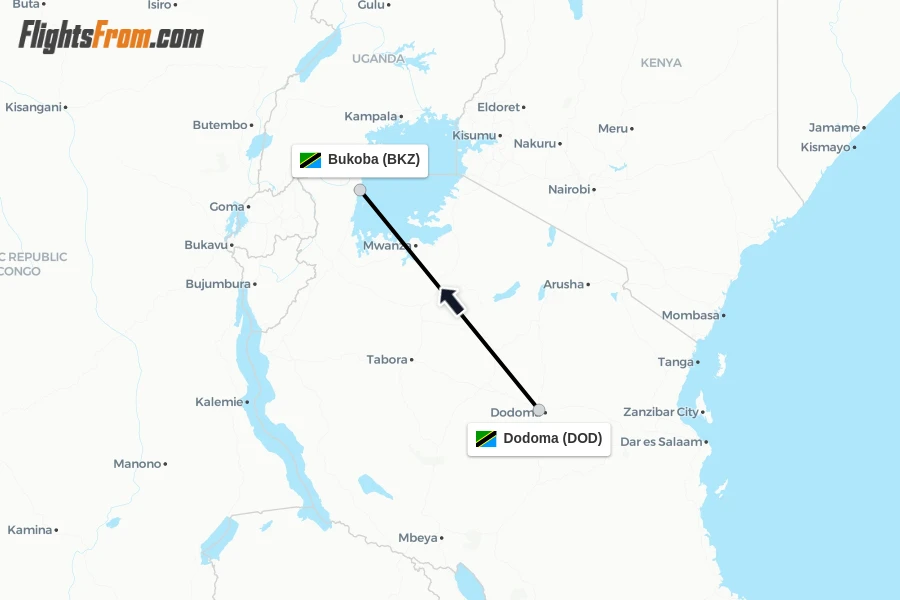 Flights from Dodoma to Bukoba route map