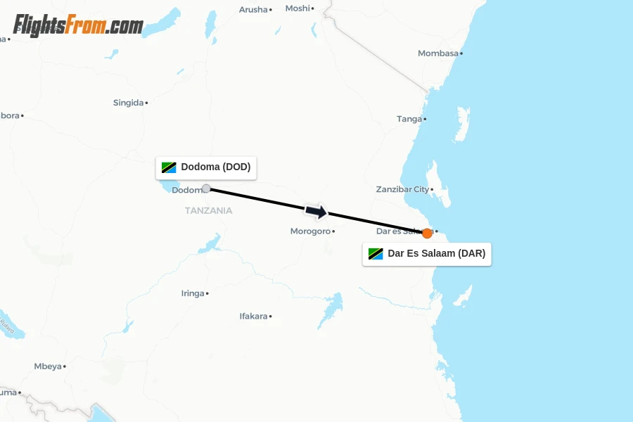 Flights from Dodoma to Dar Es Salaam route map
