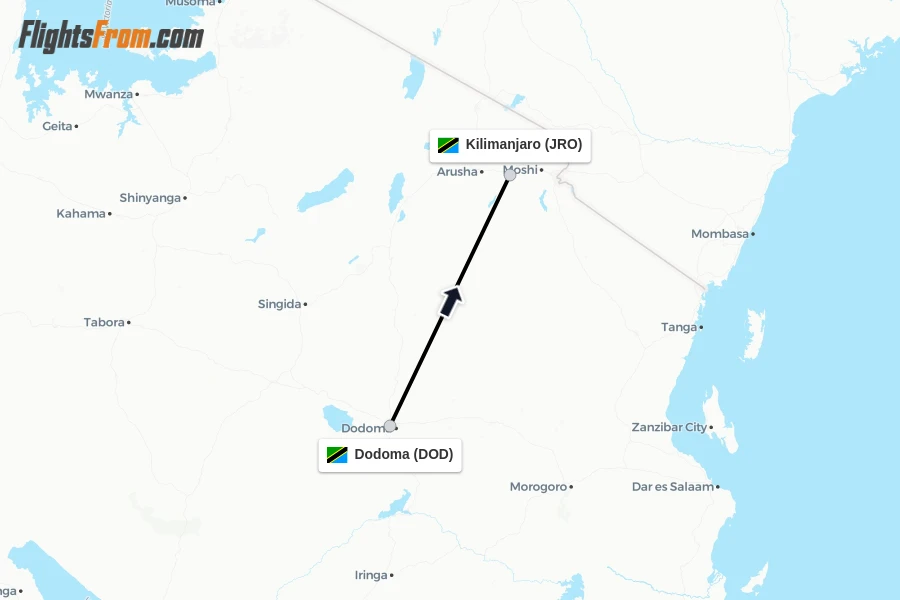 Flights from Dodoma to Kilimanjaro route map