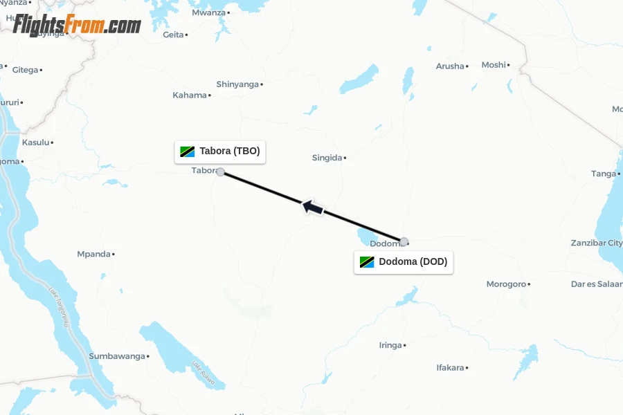 Flights from Dodoma to Tabora route map