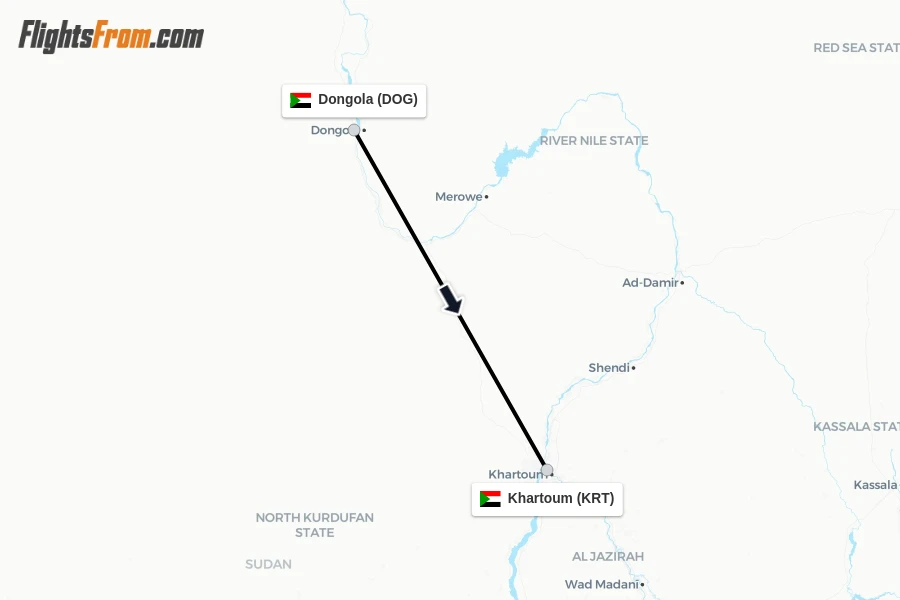 Flights from Dongola to Khartoum route map