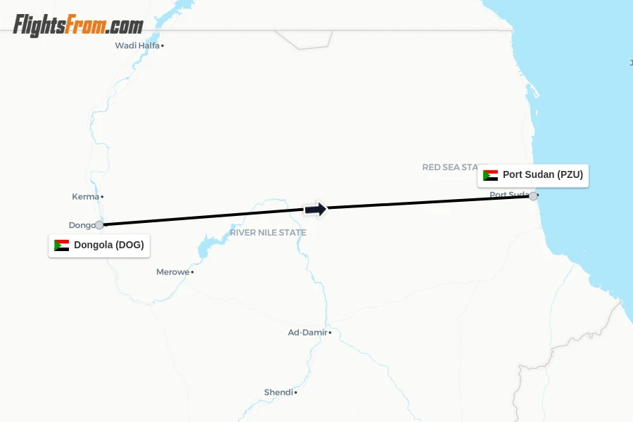 Flights from Dongola to Port Sudan route map
