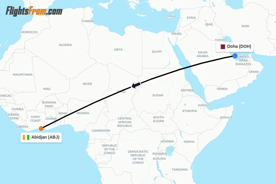 Flights from Doha to Abidjan route map