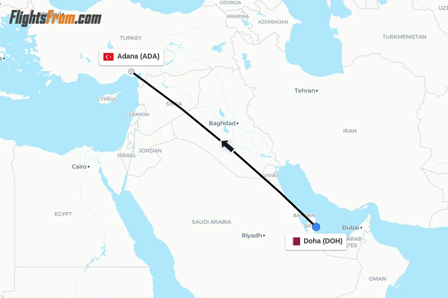 Flights from Doha to Adana route map