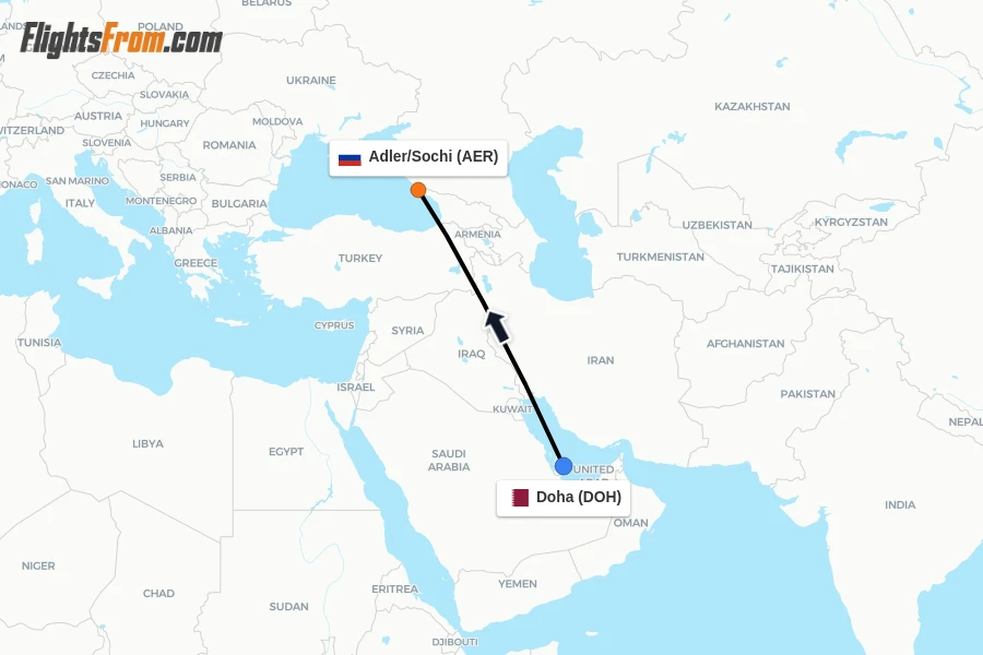 Flights from Doha to Adler/Sochi route map