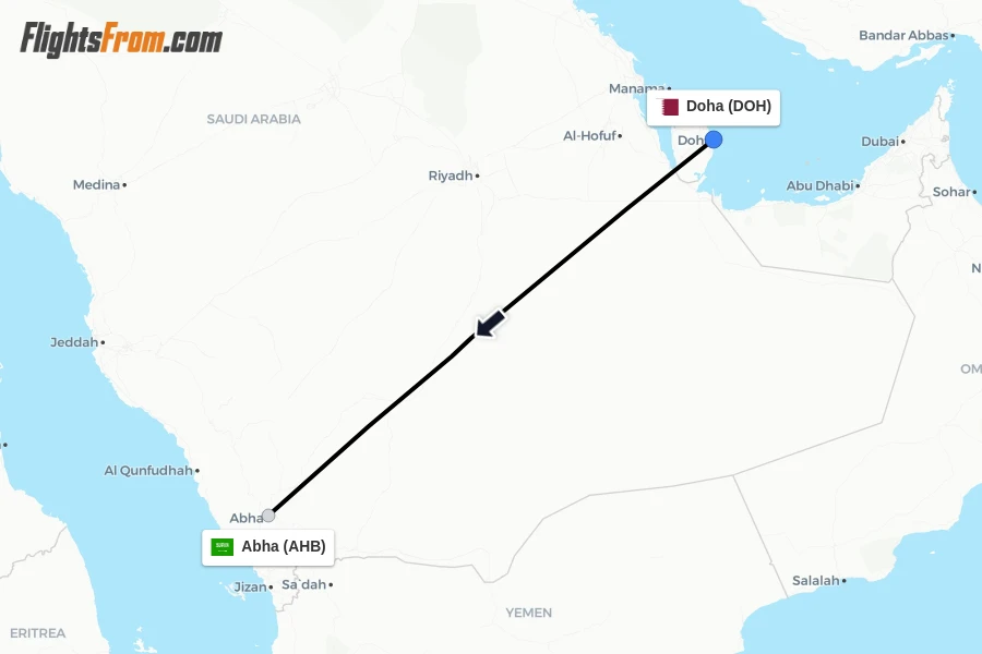Flights from Doha to Abha route map