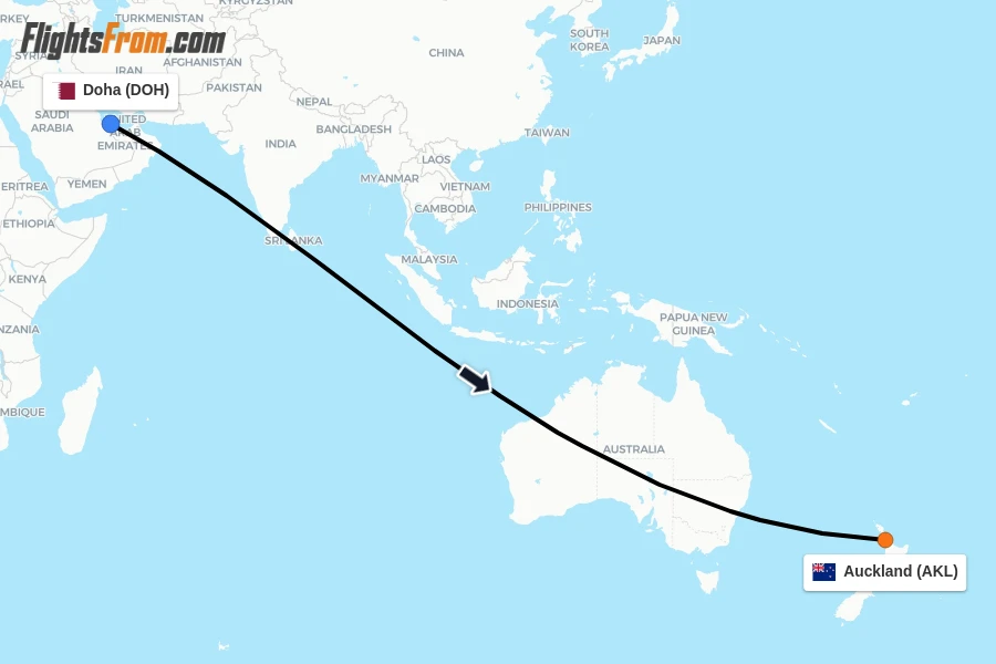 Flights from Doha to Auckland route map