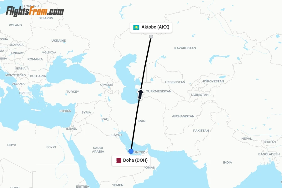 Flights from Doha to Aktobe route map