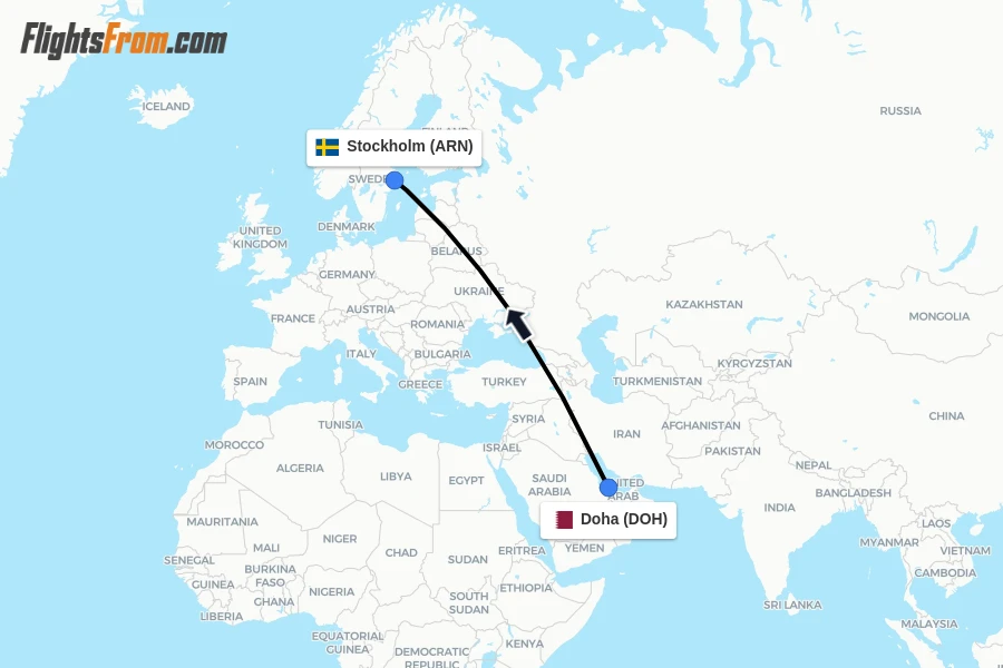 Flights from Doha to Stockholm route map