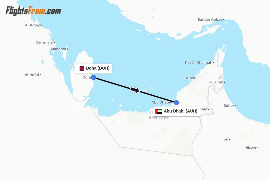 Flights from Doha to Abu Dhabi route map