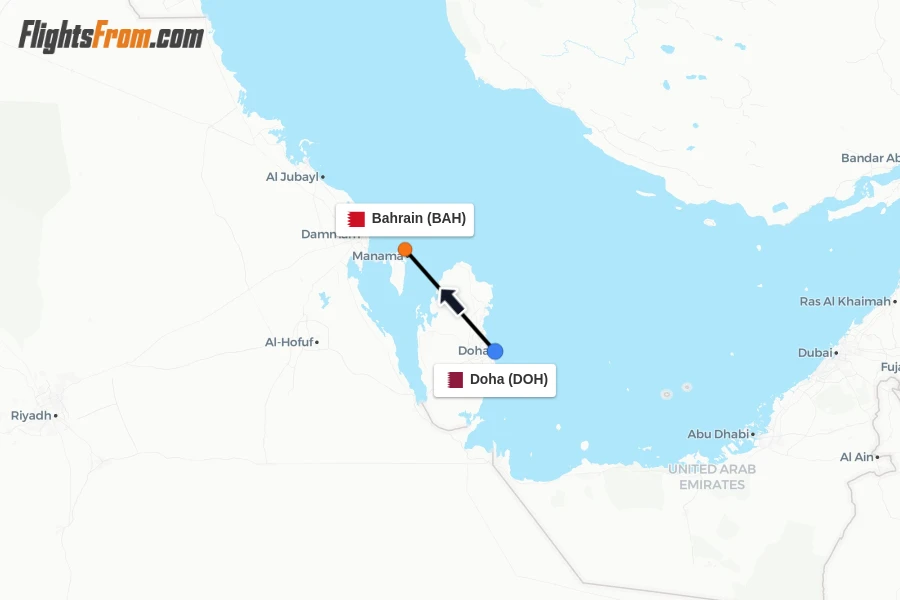 Flights from Doha to Bahrain route map