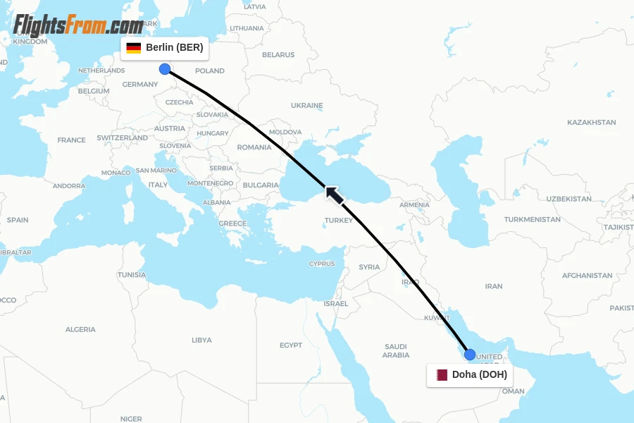Flights from Doha to Berlin route map
