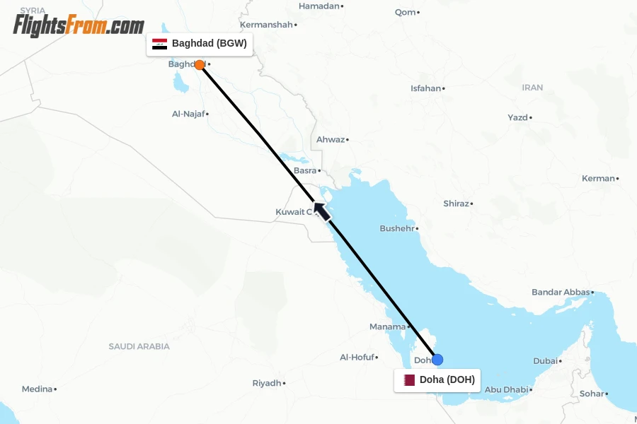 Flights from Doha to Baghdad route map