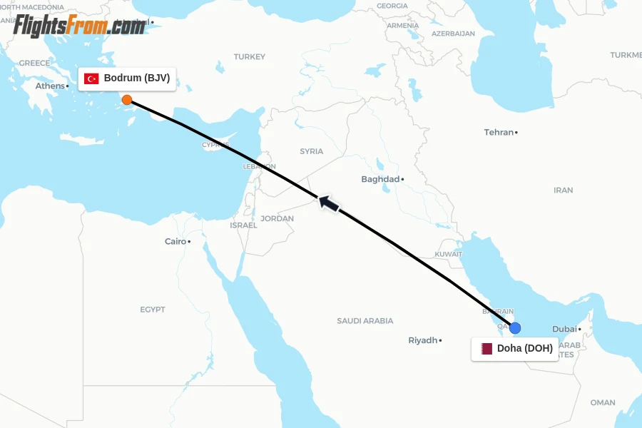 Flights from Doha to Bodrum route map