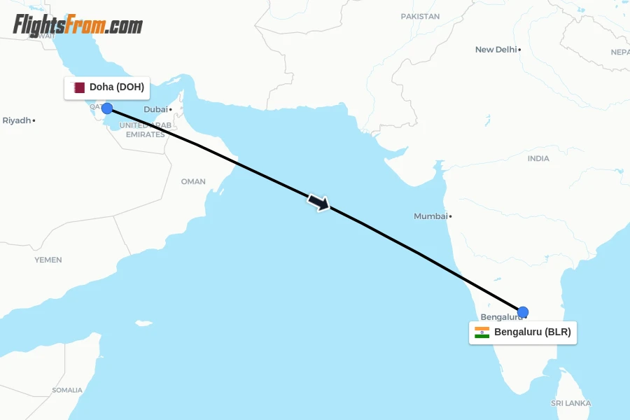 Flights from Doha to Bengaluru route map