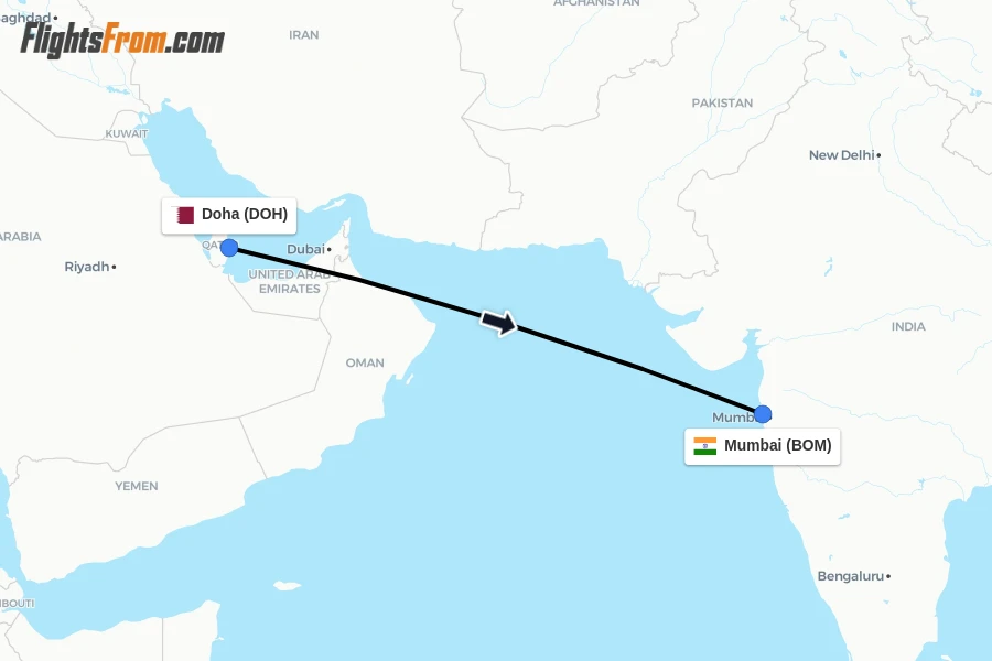Flights from Doha to Mumbai route map