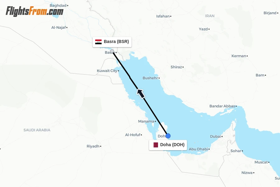 Flights from Doha to Basra route map