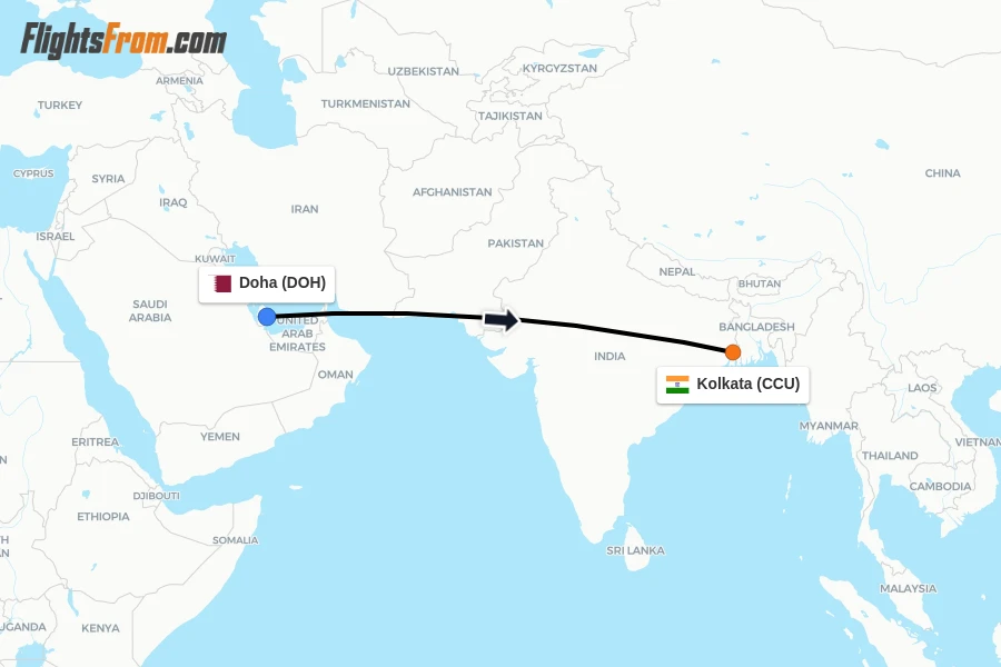 Flights from Doha to Kolkata route map