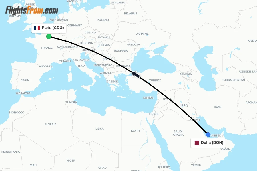 Flights from Doha to Paris route map