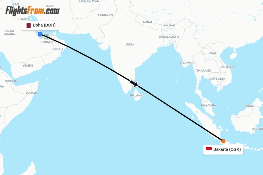 Flights from Doha to Jakarta route map