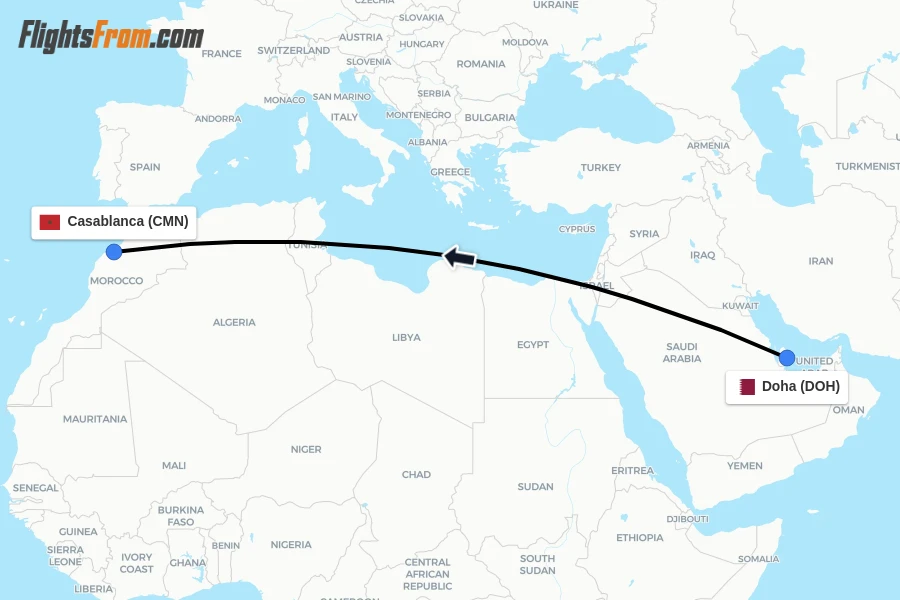 Flights from Doha to Casablanca route map