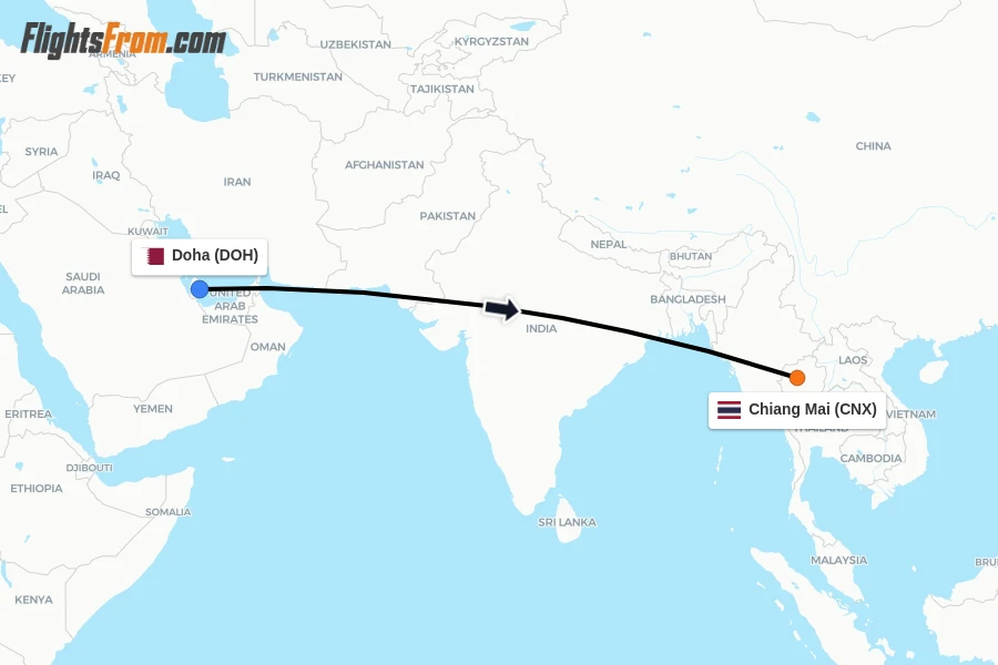 Flights from Doha to Chiang Mai route map