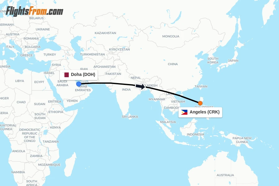Flights from Doha to Angeles route map