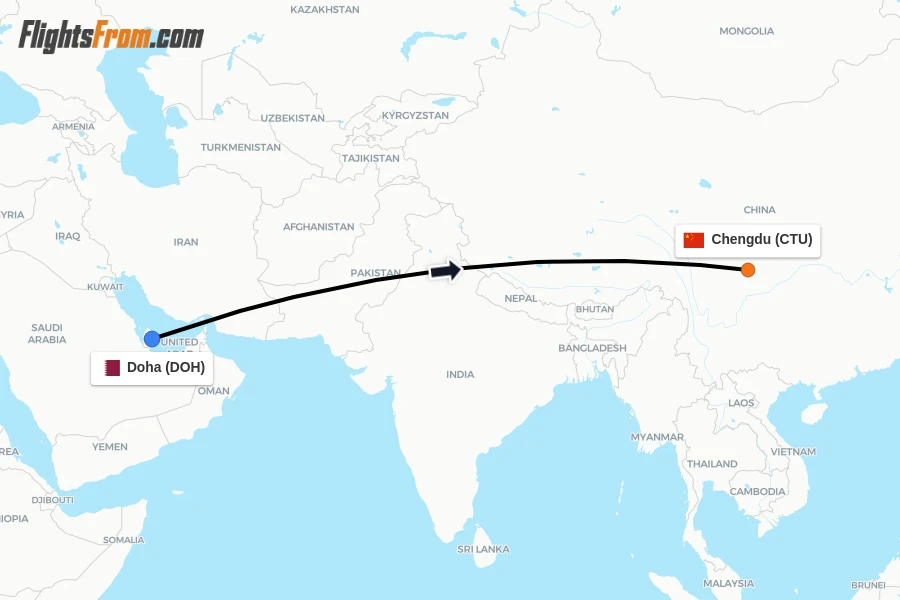 Flights from Doha to Chengdu route map