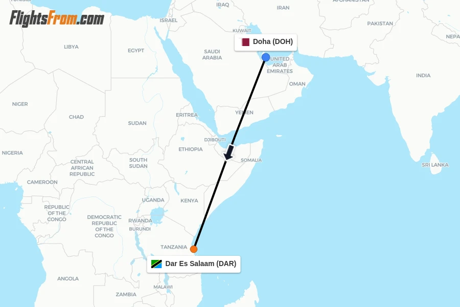 Flights from Doha to Dar Es Salaam route map
