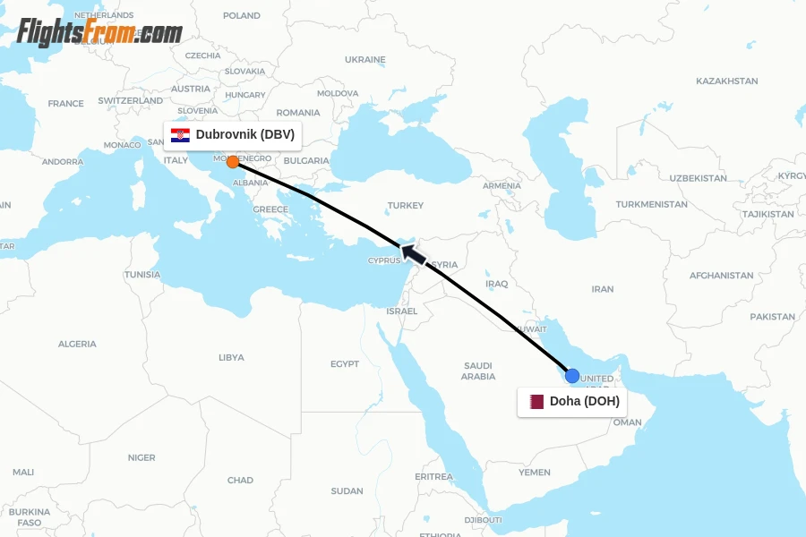 Flights from Doha to Dubrovnik route map
