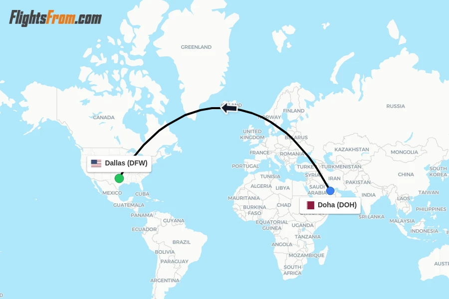 Flights from Doha to Dallas route map
