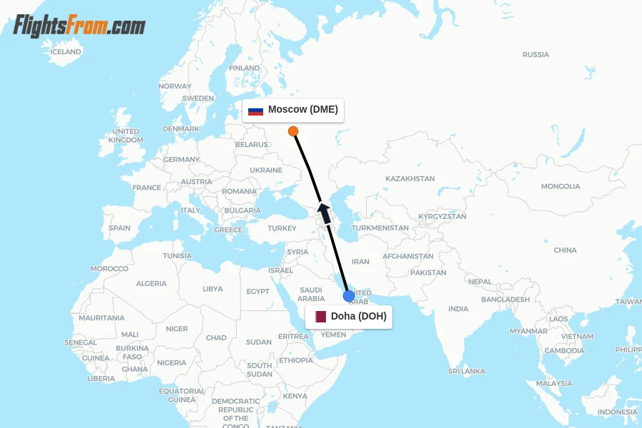 Flights from Doha to Moscow route map