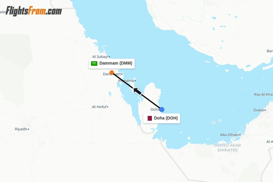 Flights from Doha to Dammam route map