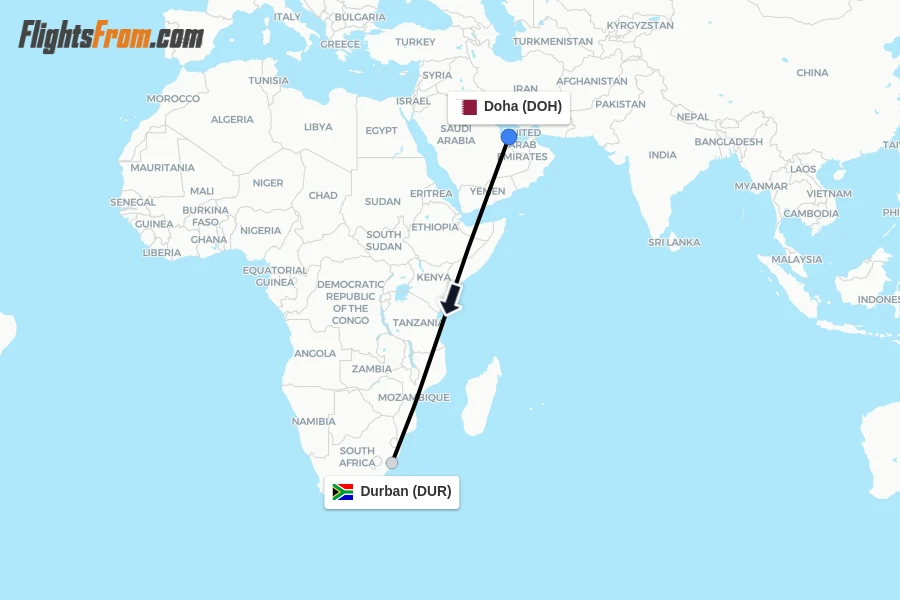 Flights from Doha to Durban route map