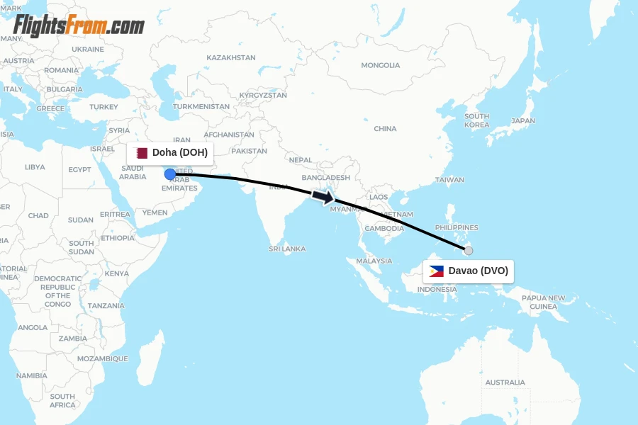 Flights from Doha to Davao route map