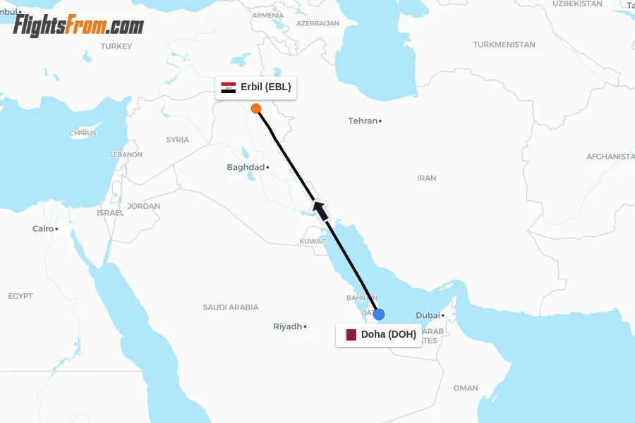 Flights from Doha to Erbil route map