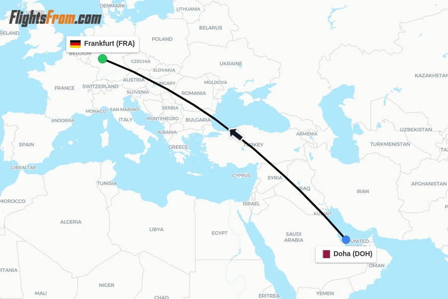 Flights from Doha to Frankfurt route map