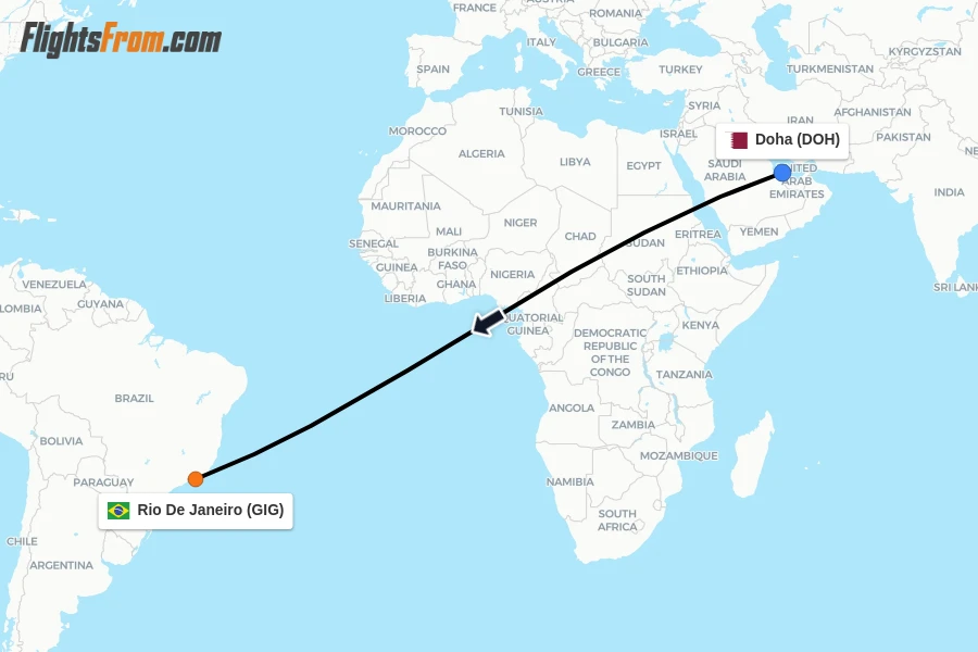 Flights from Doha to Rio De Janeiro route map