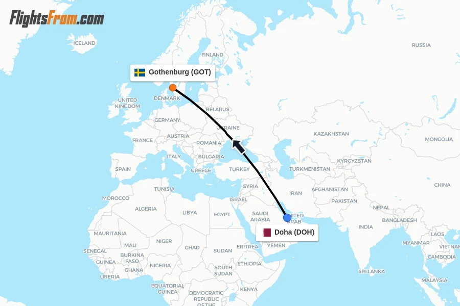 Flights from Doha to Gothenburg route map