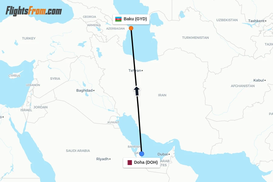 Flights from Doha to Baku route map