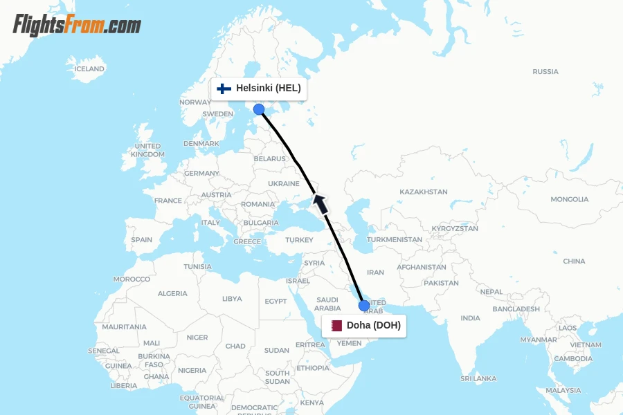 Flights from Doha to Helsinki route map